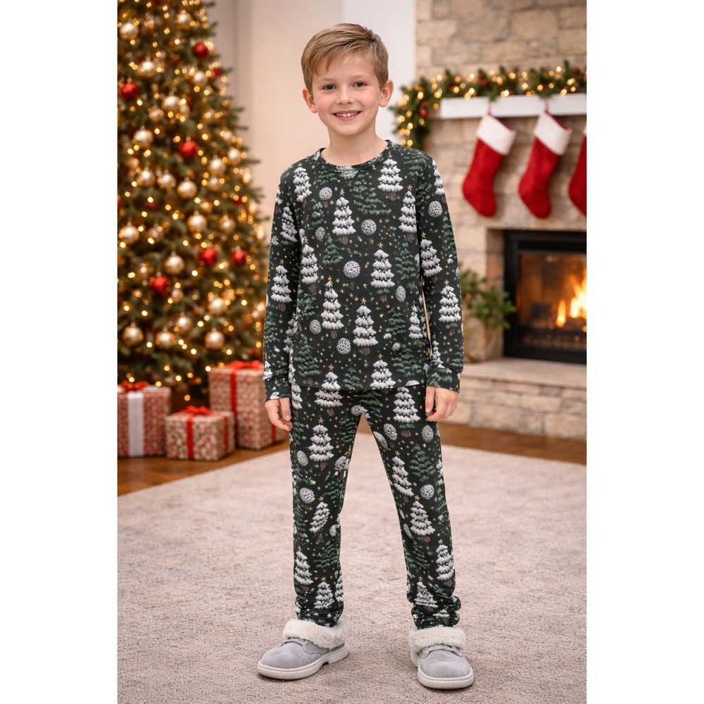 VELVETEEN BY BUNNY KNOTS Pajama 8/9Y Set 2Pc Kids Boys Trees Snowflakes Green‎